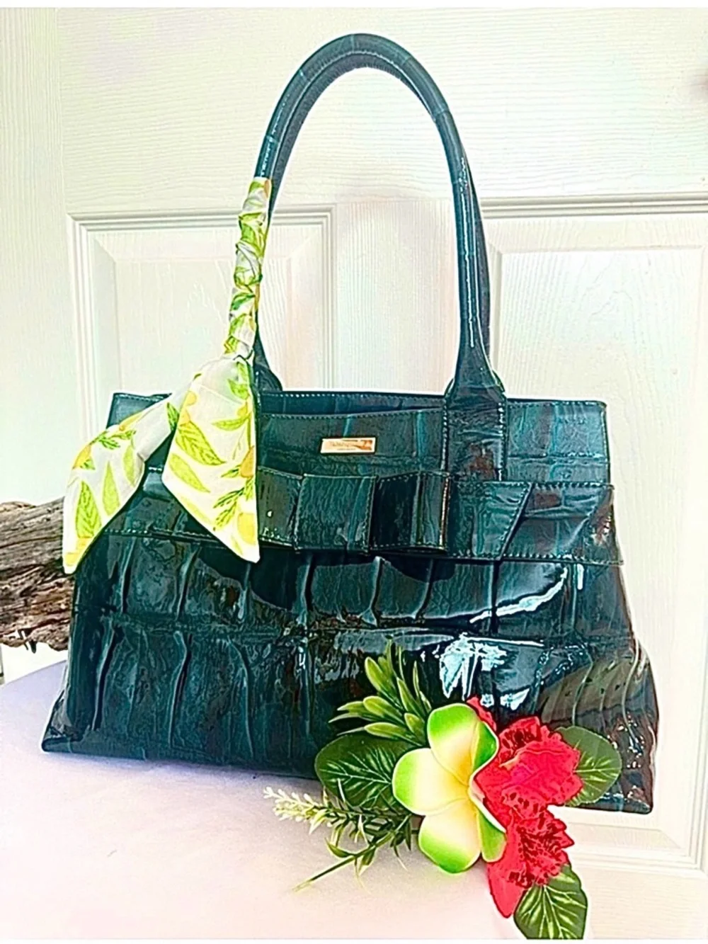 KATE SPADE ~ Emerald Green Croc-Embossed Patent Leather Tote with Bow